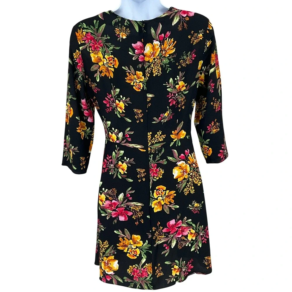 Zara Basic Dress Womens M Black Floral 3/4 Sleeve Mini Boho Classic